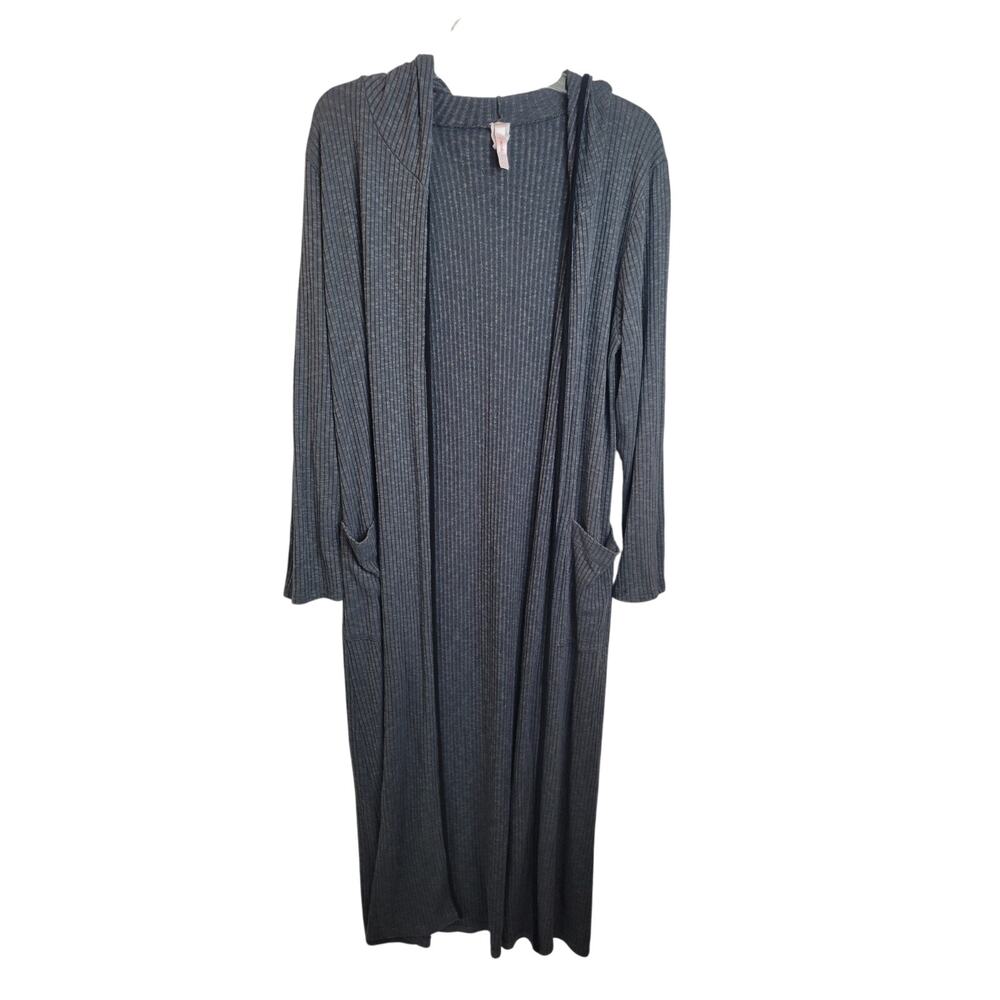 Vtg JMode Duster Cardigan Sweater Gray Open Front Pockets Hoodie Women's Size 1X